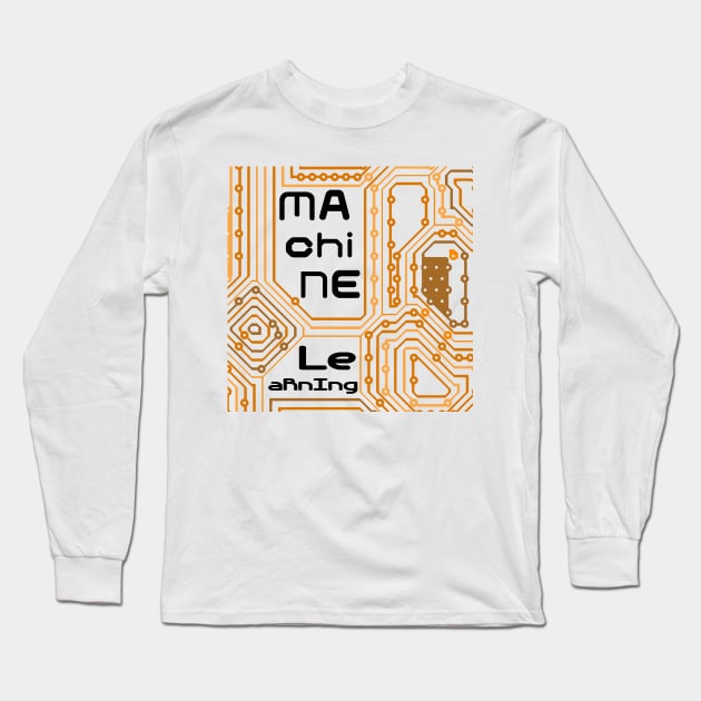 Machine Learning Computer Micro Chip Black Orange Long Sleeve T-Shirt by aRtVerse